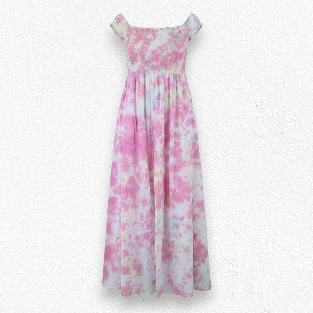 Pink White Tie Dye Smocked Off the Shoulder Area Stars Kaia Dress Size Medium